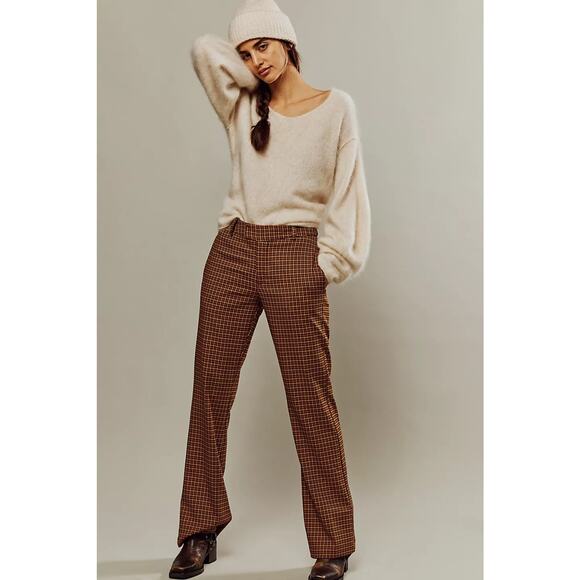 NWT Free People Jana Flare Trousers $98 SIZE 2 Brown Houndstooth Motif - Picture 1 of 8